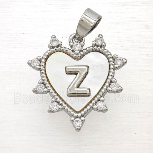 Copper Letter-Z Heart Pendant Pave Zirconia Shell Platinum Plated