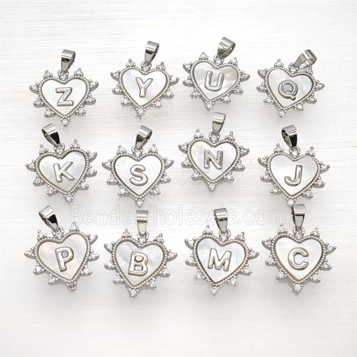 Copper Alphabet Heart Pendant Pave Zirconia Shell Platinum Plated Mixed Letters