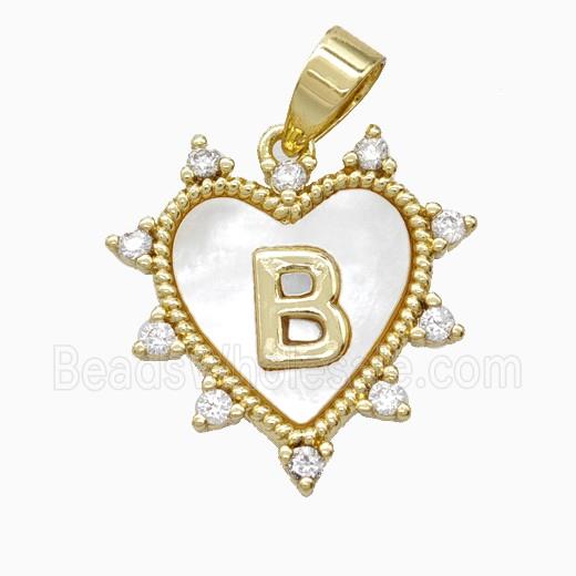 Copper Letter-B Heart Pendant Pave Zirconia Shell Gold Plated