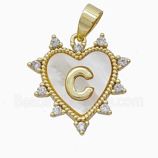 Copper Letter-C Heart Pendant Pave Zirconia Shell Gold Plated