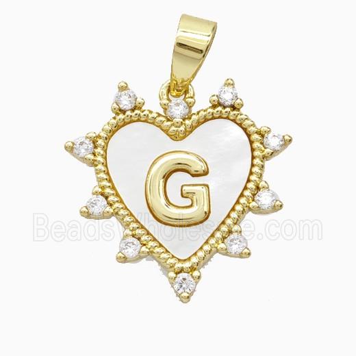 Copper Letter-G Heart Pendant Pave Zirconia Shell Gold Plated