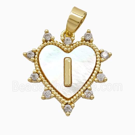 Copper Letter-I Heart Pendant Pave Zirconia Shell Gold Plated