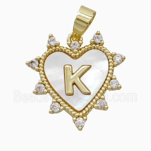 Copper Letter-K Heart Pendant Pave Zirconia Shell Gold Plated