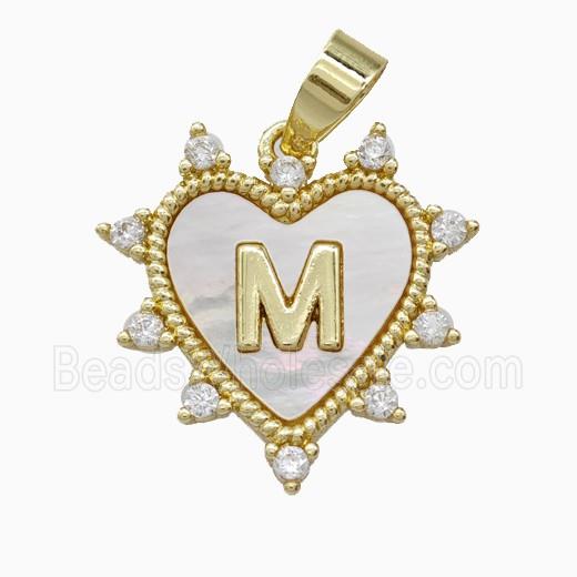 Copper Letter-M Heart Pendant Pave Zirconia Shell Gold Plated