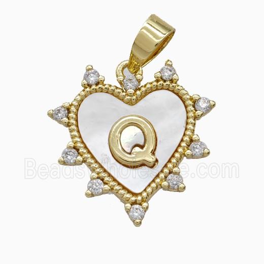 Copper Letter-Q Heart Pendant Pave Zirconia Shell Gold Plated