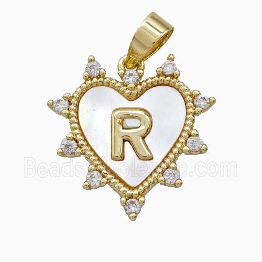 Copper Letter-R Heart Pendant Pave Zirconia Shell Gold Plated