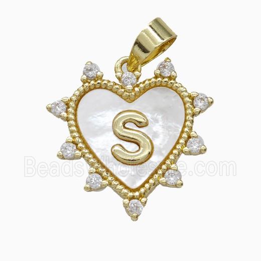 Copper Letter-S Heart Pendant Pave Zirconia Shell Gold Plated