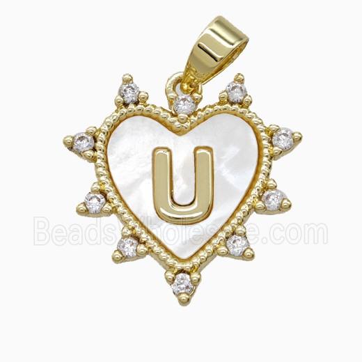 Copper Letter-U Heart Pendant Pave Zirconia Shell Gold Plated