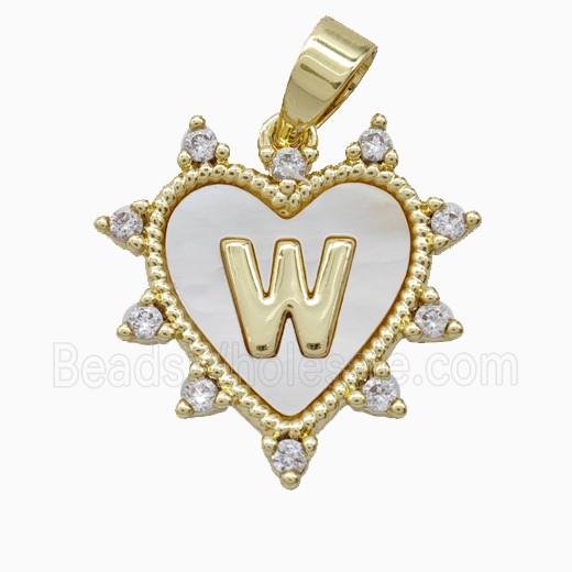 Copper Letter-W Heart Pendant Pave Zirconia Shell Gold Plated