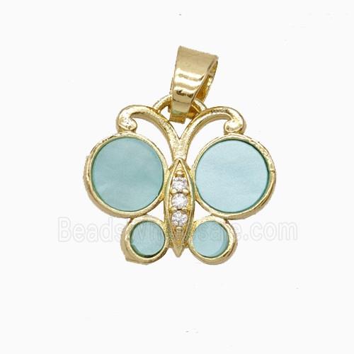 Copper Butterfly Pendant Pave Black Green Shell Gold Plated