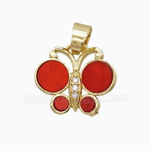 Copper Butterfly Pendant Pave Black Red Shell Gold Plated