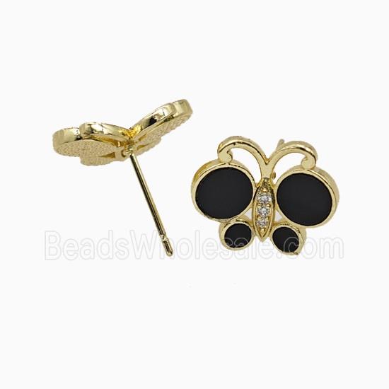 Copper Butterfly Stud Earrings Pave Black Shell Gold Plated