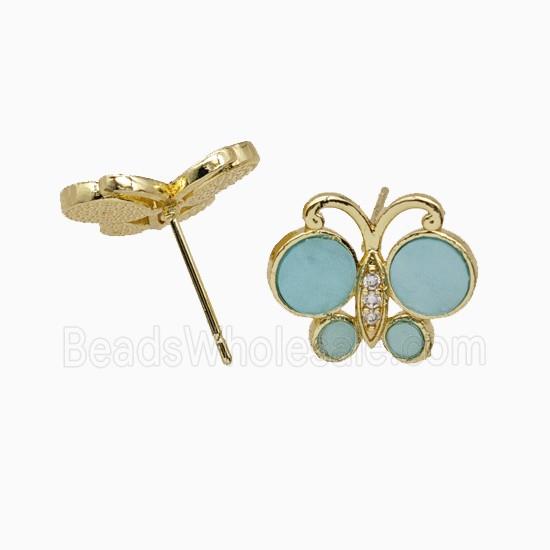 Copper Butterfly Stud Earrings Pave Teal Shell Gold Plated