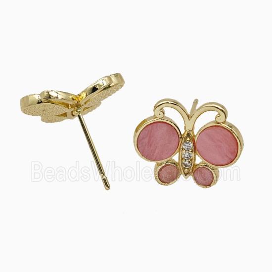 Copper Butterfly Stud Earrings Pave Pink Shell Gold Plated