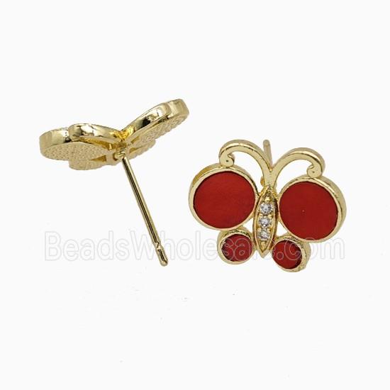 Copper Butterfly Stud Earrings Pave Red Shell Gold Plated