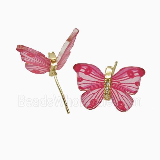 Hotpink Resin Butterfly Stud Earrings Gold Plated