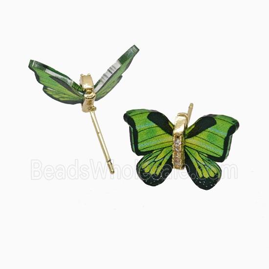 Green Resin Butterfly Stud Earrings Gold Plated