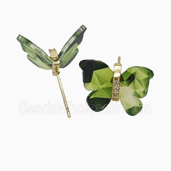 Green Resin Butterfly Stud Earrings Gold Plated