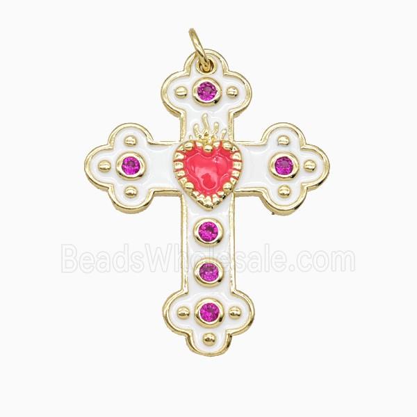 Copper Cross Pendant Pave Zirconia White Enamel Gold Plated