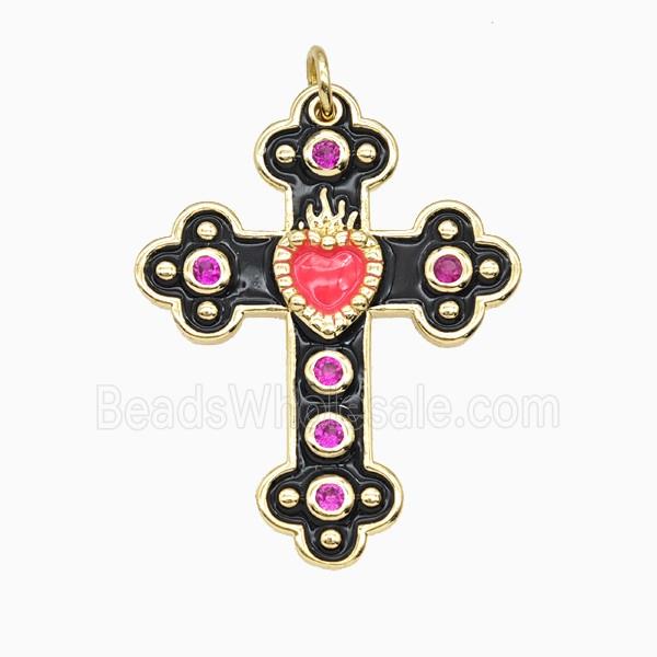 Copper Cross Pendant Pave Zirconia Black Enamel Gold Plated