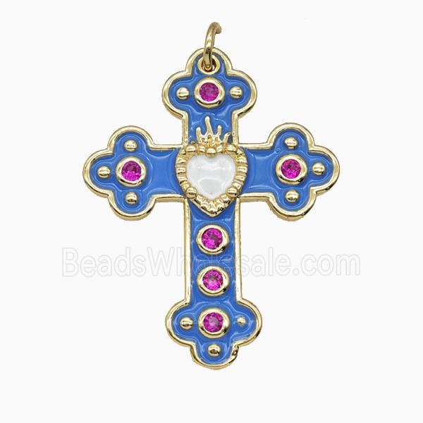 Copper Cross Pendant Pave Zirconia Blue Enamel Gold Plated