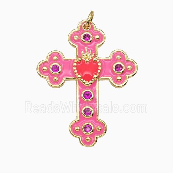 Copper Cross Pendant Pave Zirconia Pink Enamel Gold Plated