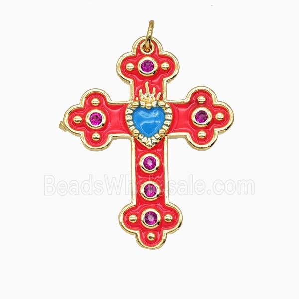 Copper Cross Pendant Pave Zirconia Red Enamel Gold Plated