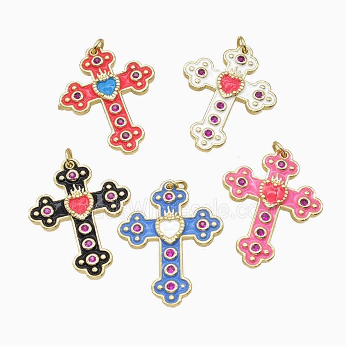 Copper Cross Pendant Pave Zirconia Enamel Gold Plated Mixed