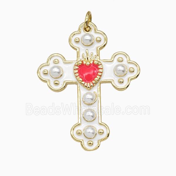 Copper Cross Pendant Pave Resin White Enamel Gold Plated