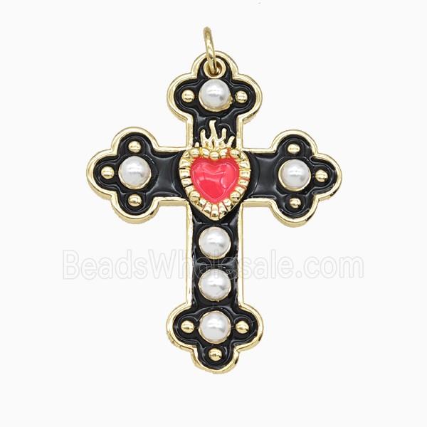 Copper Cross Pendant Pave Resin Black Enamel Gold Plated