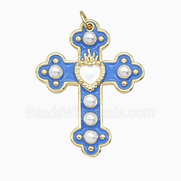Copper Cross Pendant Pave Resin Blue Enamel Gold Plated