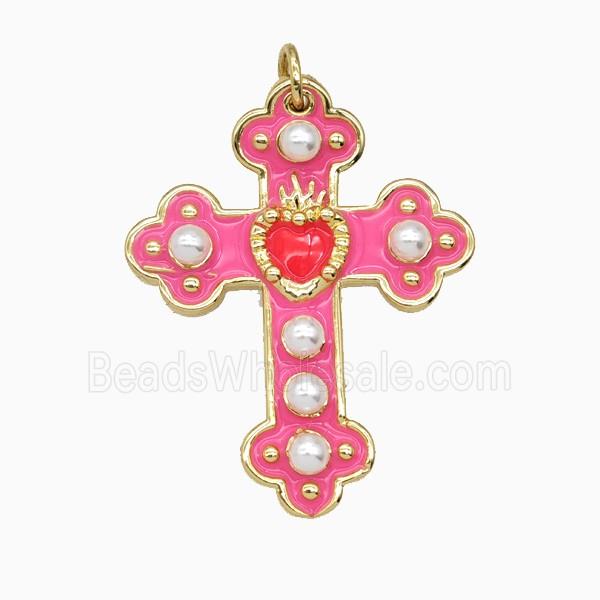 Copper Cross Pendant Pave Resin Pink Enamel Gold Plated