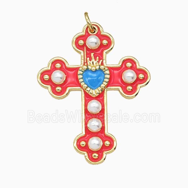 Copper Cross Pendant Pave Resin Red Enamel Gold Plated