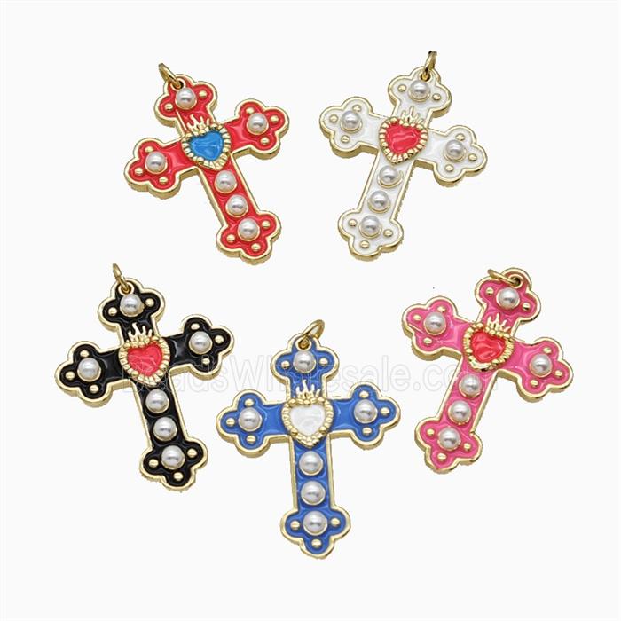 Copper Cross Pendant Pave Resin Enamel Gold Plated Mixed