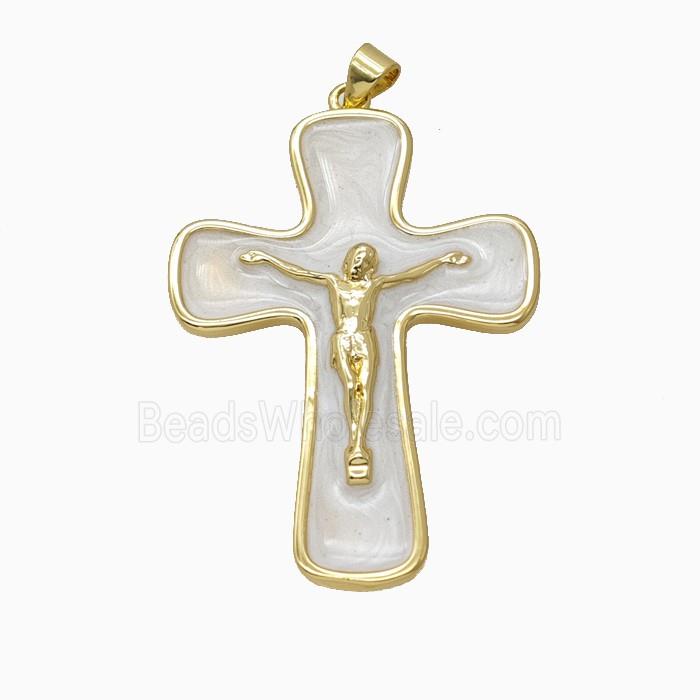 Copper Crucifix Cross Pendant White Enamel Gold Plated