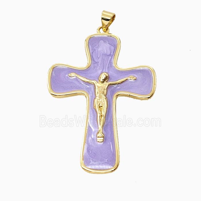 Copper Crucifix Cross Pendant Lavender Enamel Gold Plated