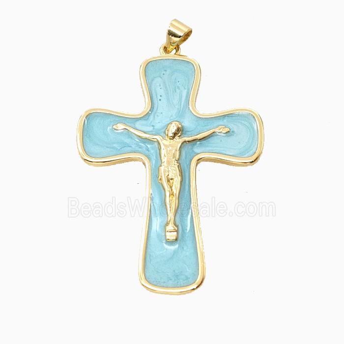 Copper Crucifix Cross Pendant Teal Enamel Gold Plated