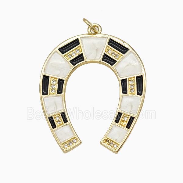 Copper Horse-Shoe Pendant Pave Zirconia Black White Enamel Gold Plated