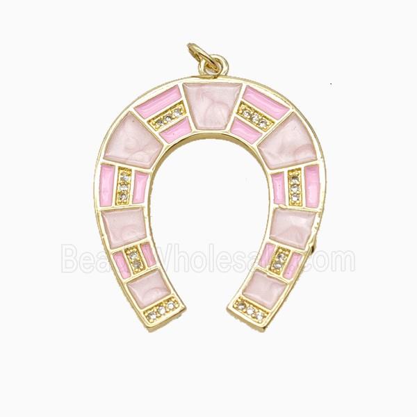 Copper Horse-Shoe Pendant Pave Zirconia Pink Enamel Gold Plated