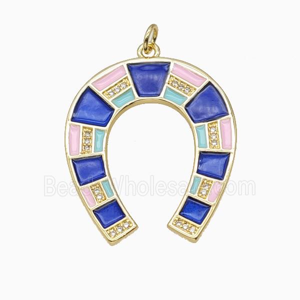 Copper Horse-Shoe Pendant Pave Zirconia Blue Enamel Gold Plated
