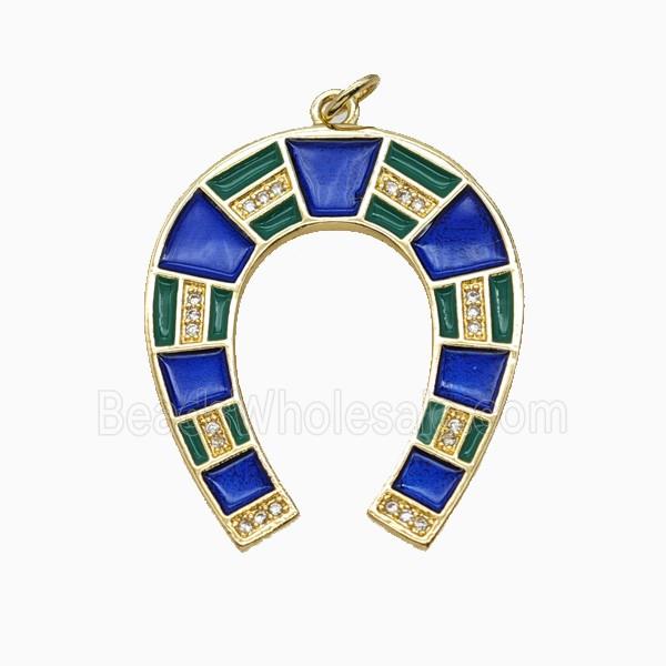 Copper Horse-Shoe Pendant Pave Zirconia Blue Enamel Gold Plated