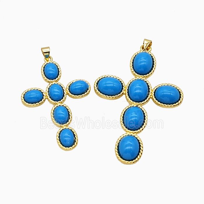 Copper Cross Pendant Pave Blue Jadeite Glass Gold Plated