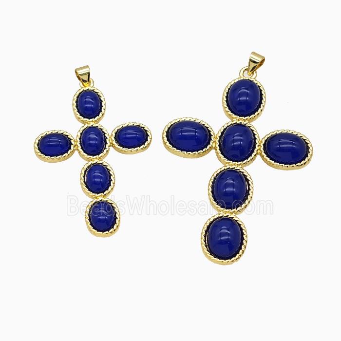 Copper Cross PEndant Pave Blue Catseye Glass Gold Plated