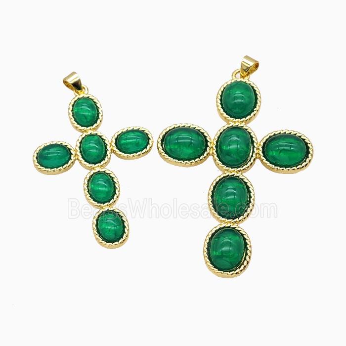 Copper Cross PEndant Pave Green Catseye Glass Gold Plated