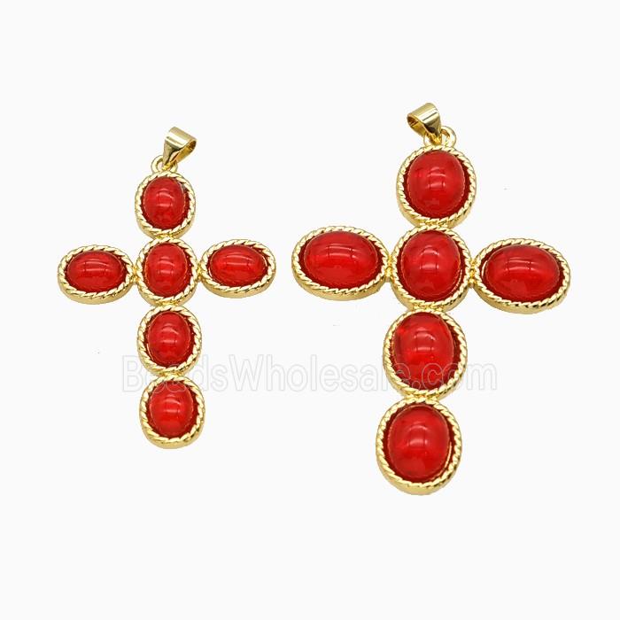 Copper Cross PEndant Pave Red Catseye Glass Gold Plated