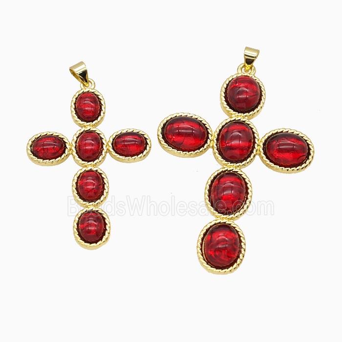 Copper Cross PEndant Pave Red Catseye Glass Gold Plated