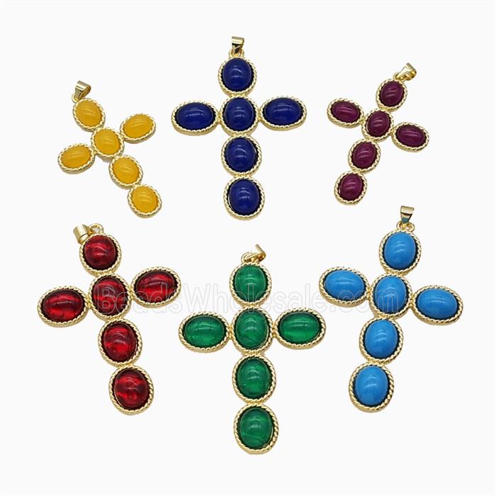 Copper Cross PEndant Pave Catseye Glass Gold Plated Mixed