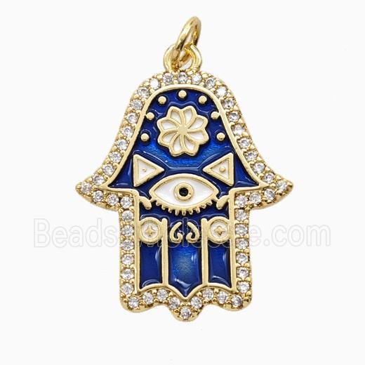 Copper Hamsahand Pendant Pave Zirconia Blue Enamel Gold Plated