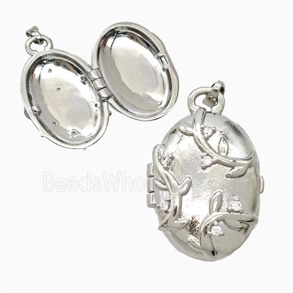 Copper Oval Locket Pendant Pave Zirconia Leaf Platinum Plated