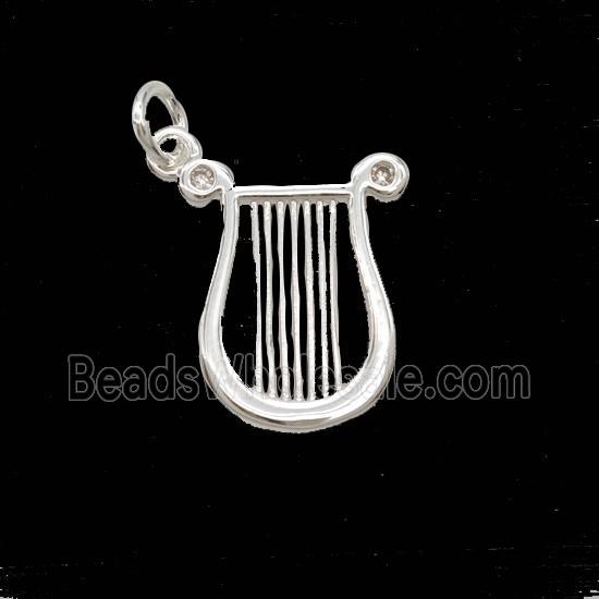 Lyret Harp Charms Copper Pendant Pave Zirconia Shiny Silver